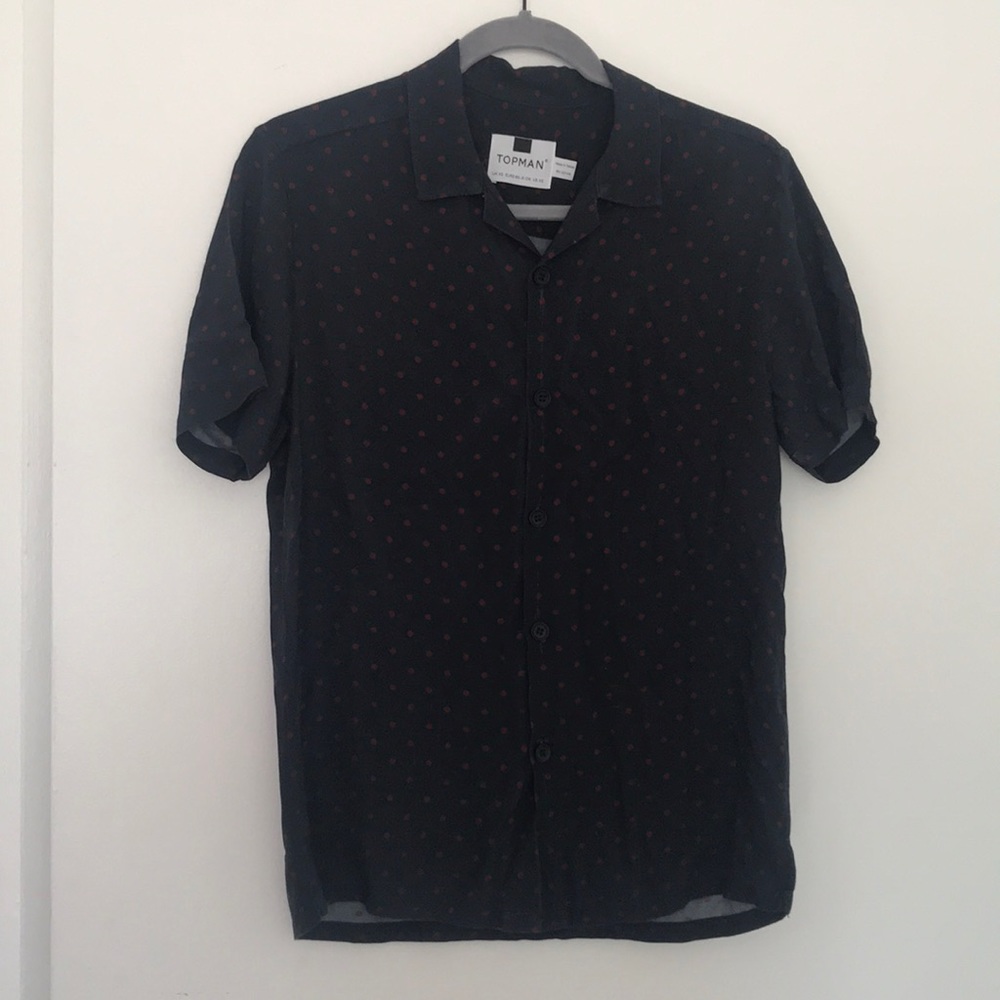 Red polka dotted blue button down casual TopMan